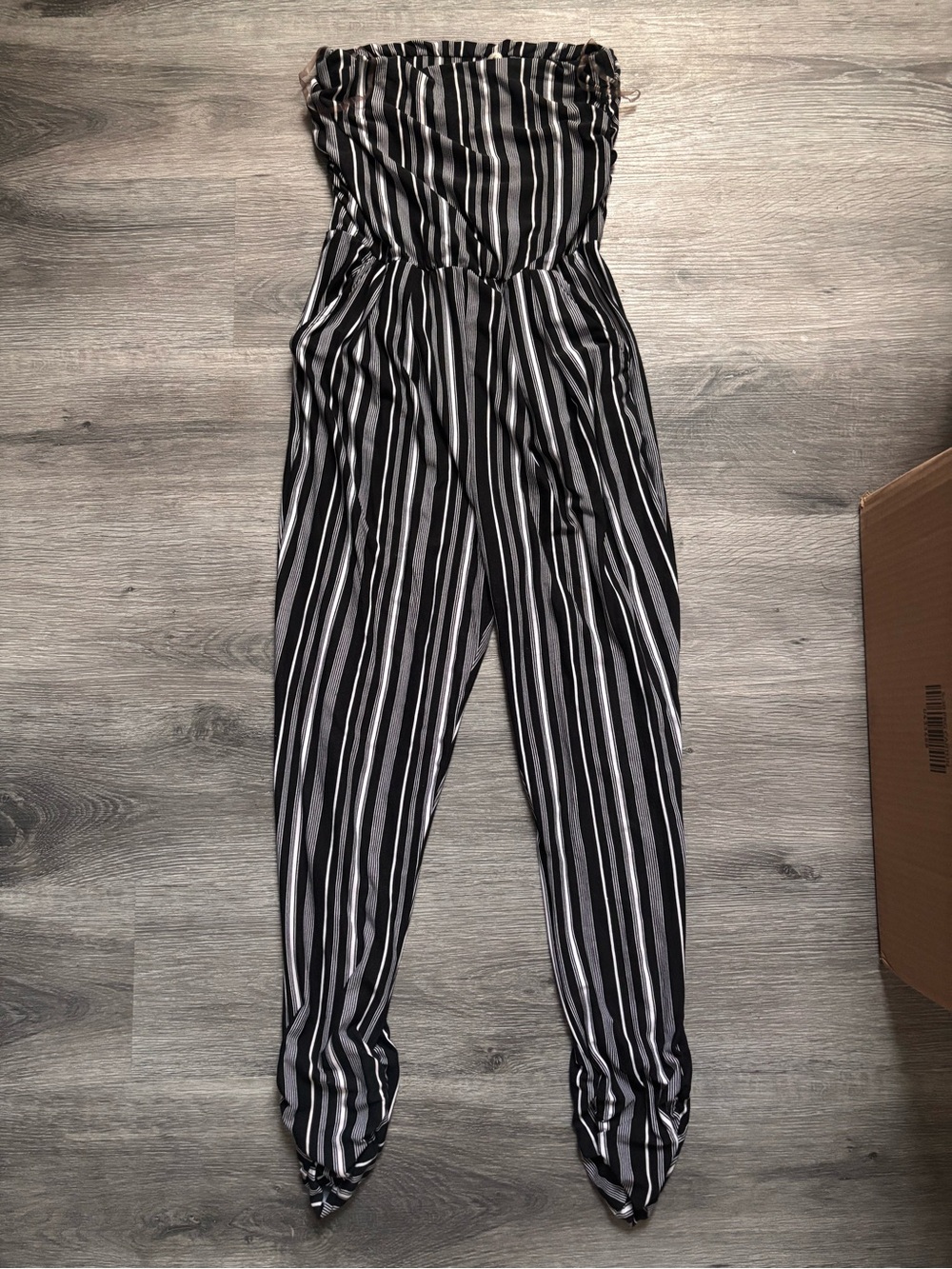 Derek Heart Black & White Strapless Vertical Stripe Jumpsuit